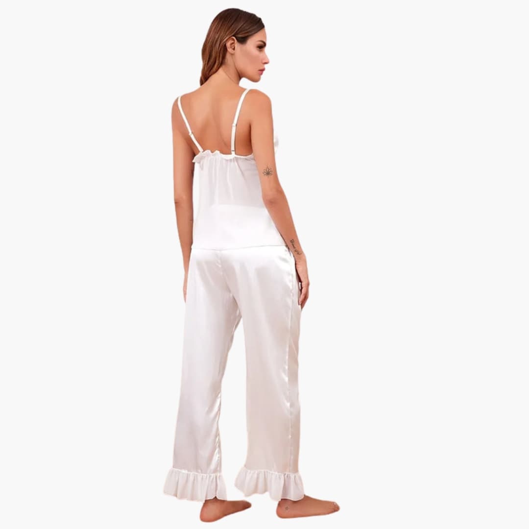 Ensemble pyjama femme en satin à volants avec caraco et pantalon court