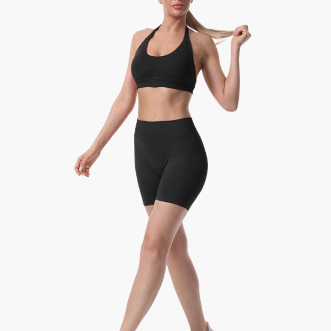 Completo reggiseno sportivo e pantaloncini da donna con schiena a nuotatore e vita elastica