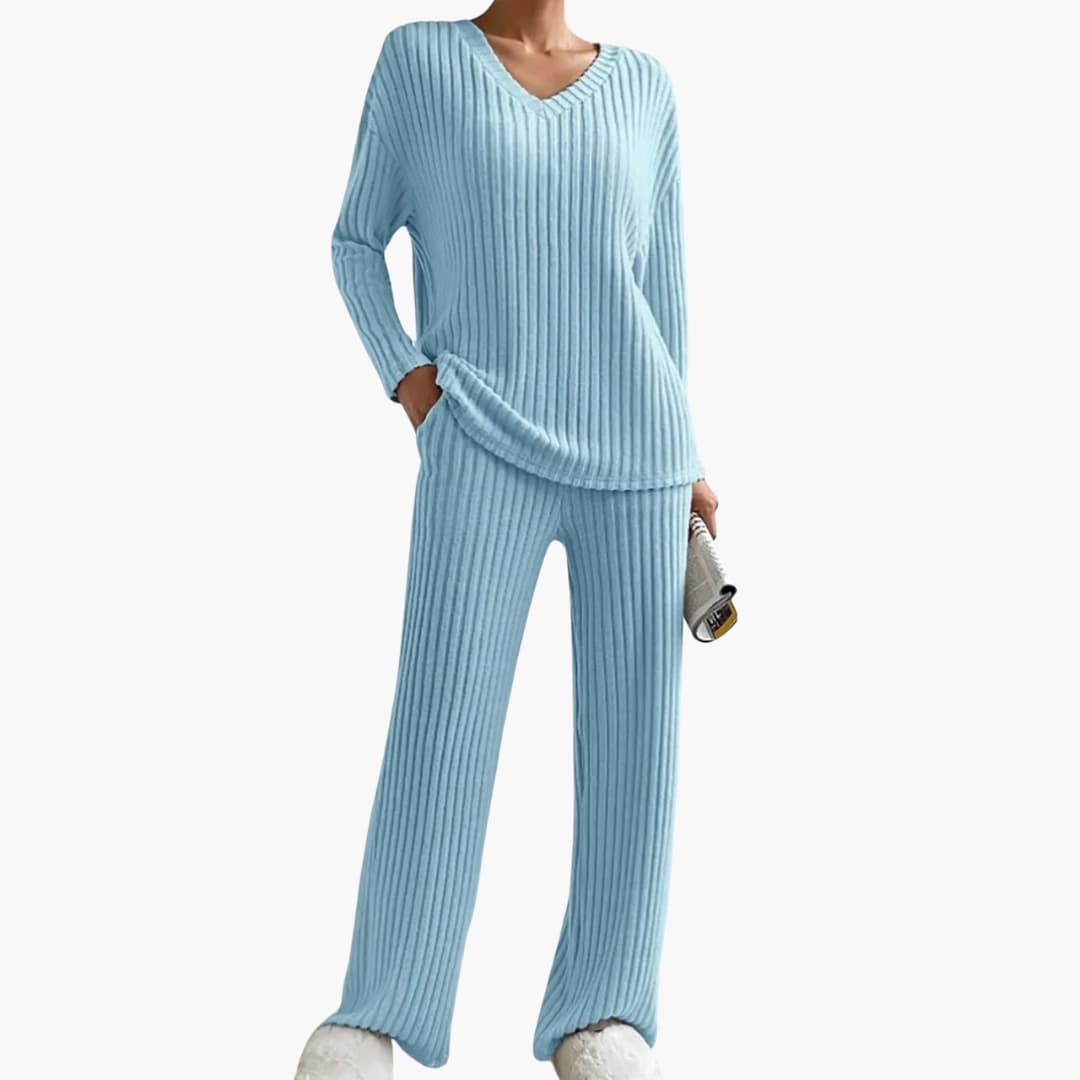 Ensemble tricoté côtelé deux pièces pour femme avec haut à col en V et pantalon à jambes larges
