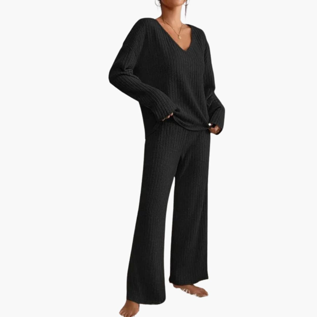 Ensemble tricoté côtelé deux pièces pour femme avec haut à col en V et pantalon à jambes larges