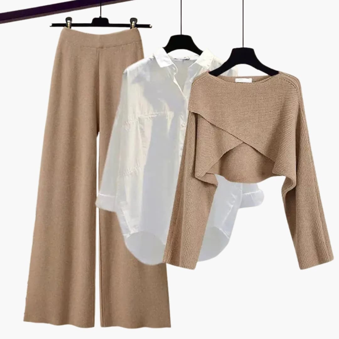 Ensemble trois pièces femme avec blouse et pantalon ample