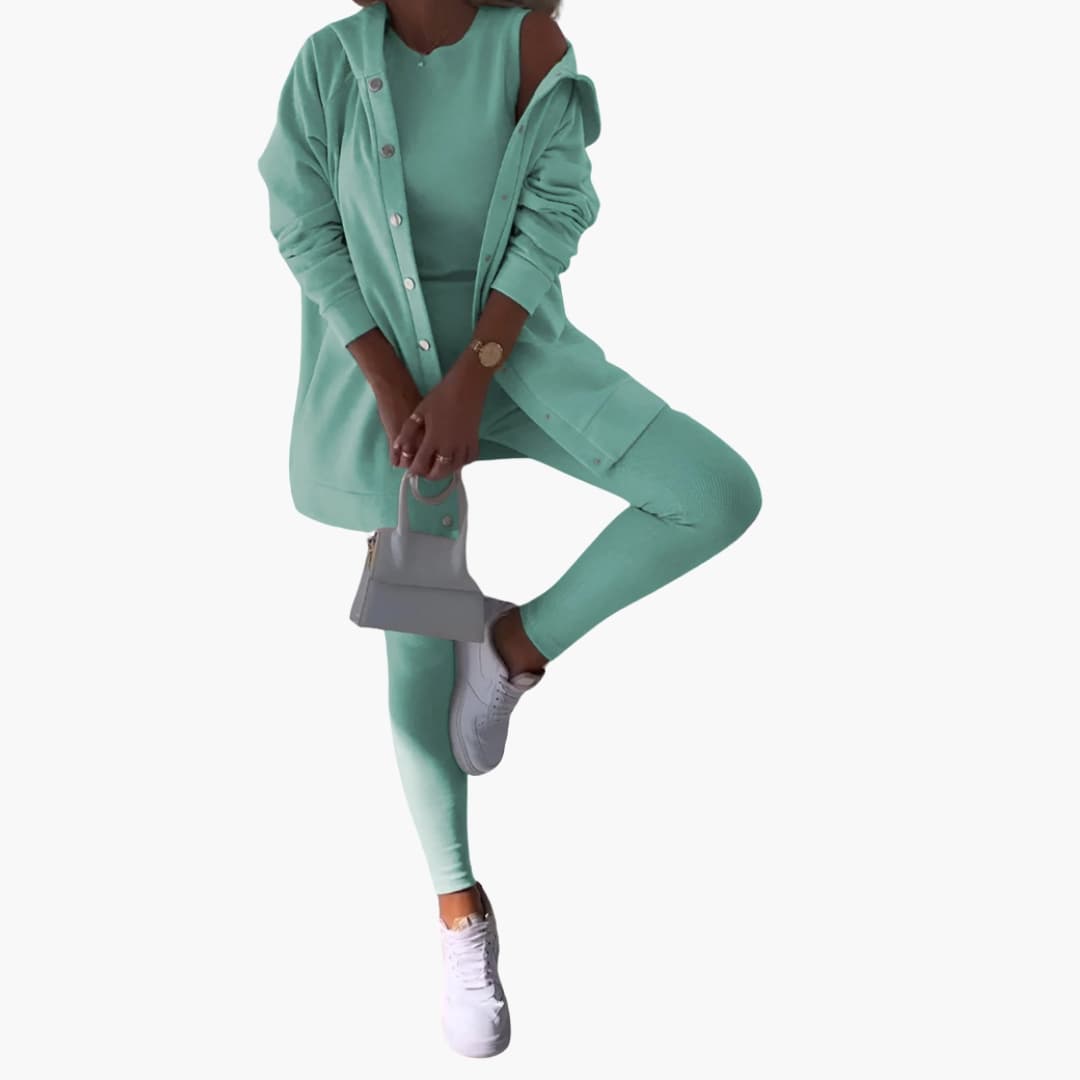 Ensemble trois pièces femme avec chemise longue et pantalon ajusté