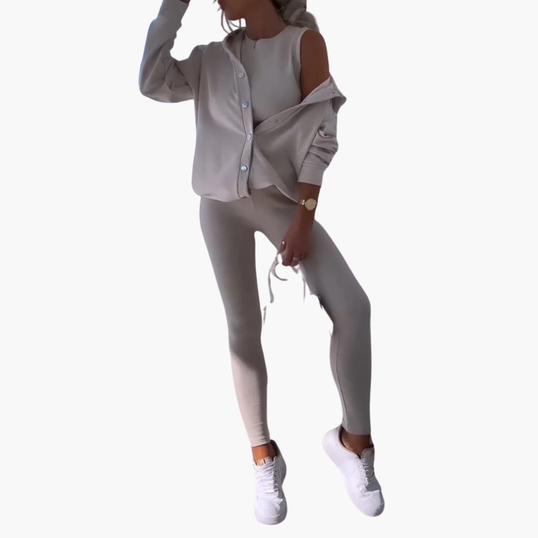 Ensemble trois pièces femme avec chemise longue et pantalon ajusté