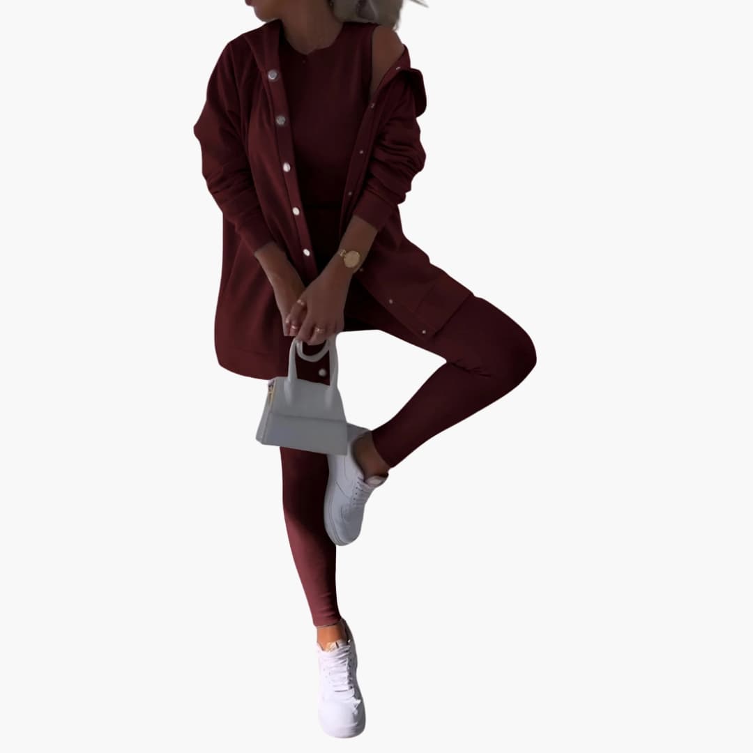 Ensemble trois pièces femme avec chemise longue et pantalon ajusté