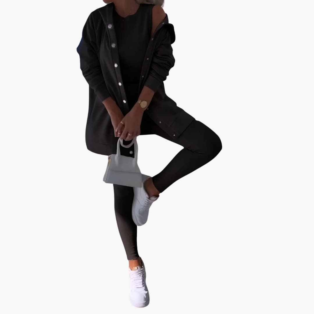 Ensemble trois pièces femme avec chemise longue et pantalon ajusté