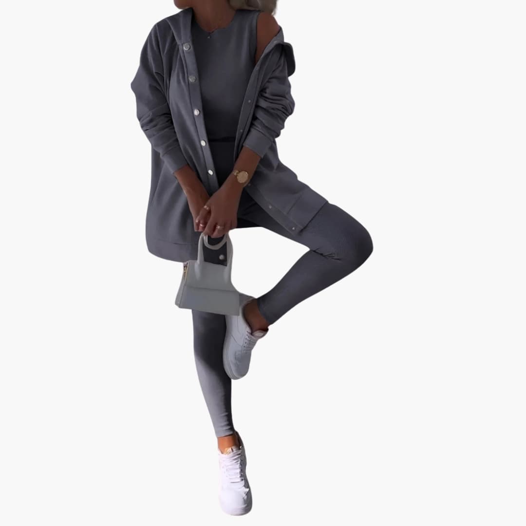 Ensemble trois pièces femme avec chemise longue et pantalon ajusté