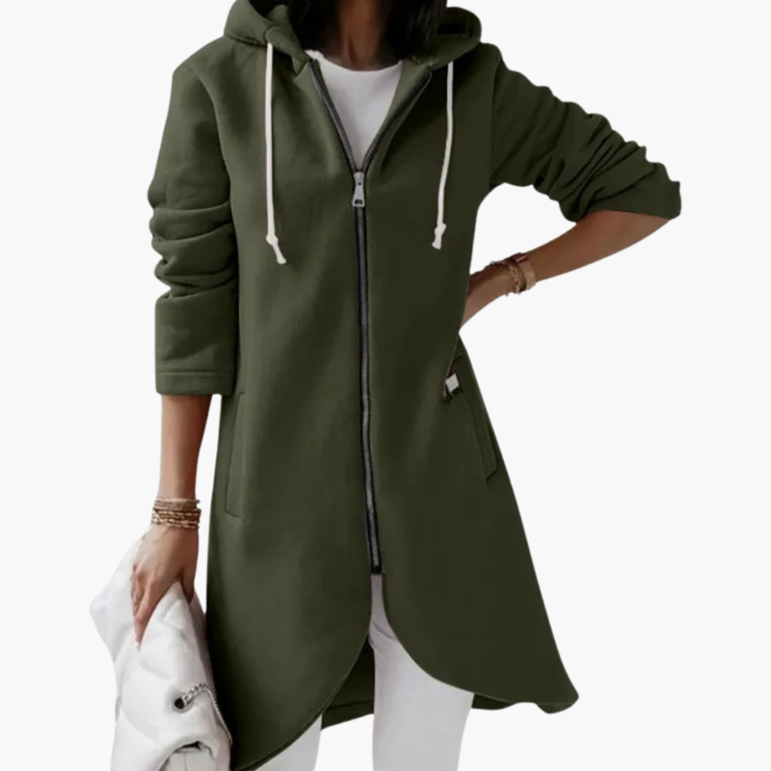 Gilet long à capuche pour femme avec fermeture zippée et poches latérales