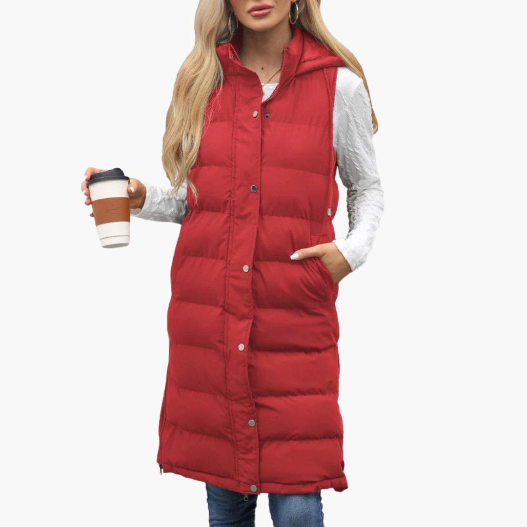 Chaleco largo acolchado para mujer con capucha