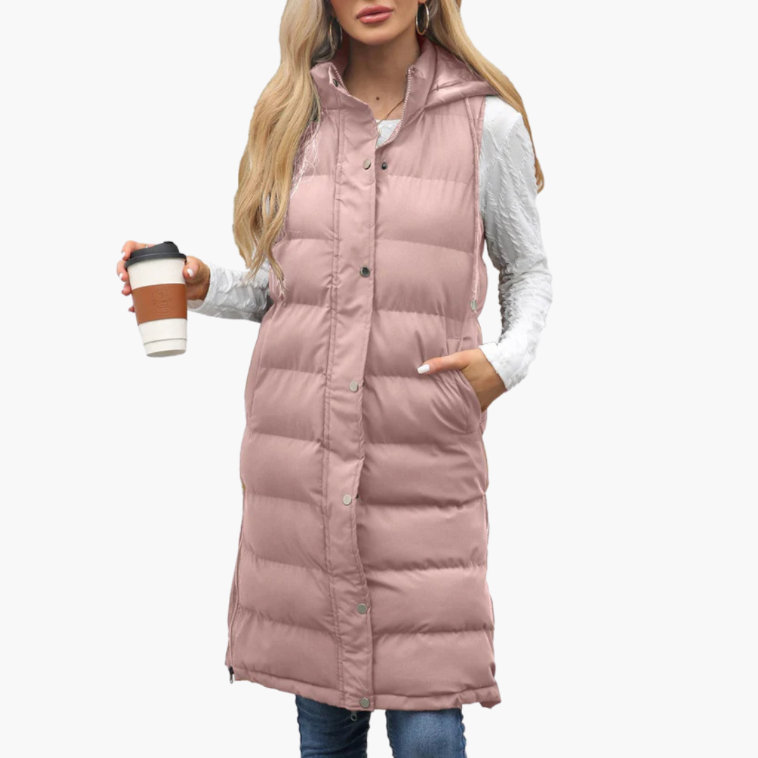 Chaleco largo acolchado para mujer con capucha