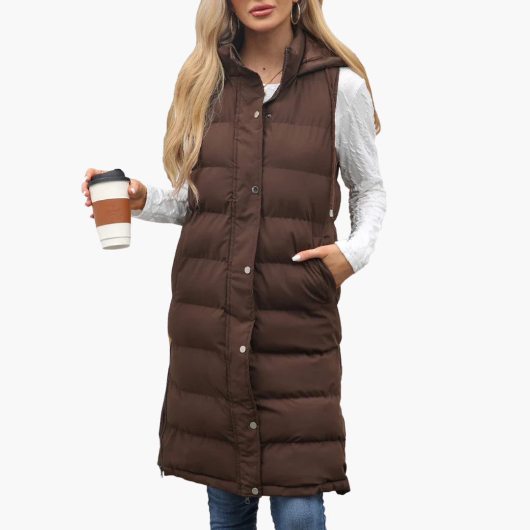 Chaleco largo acolchado para mujer con capucha
