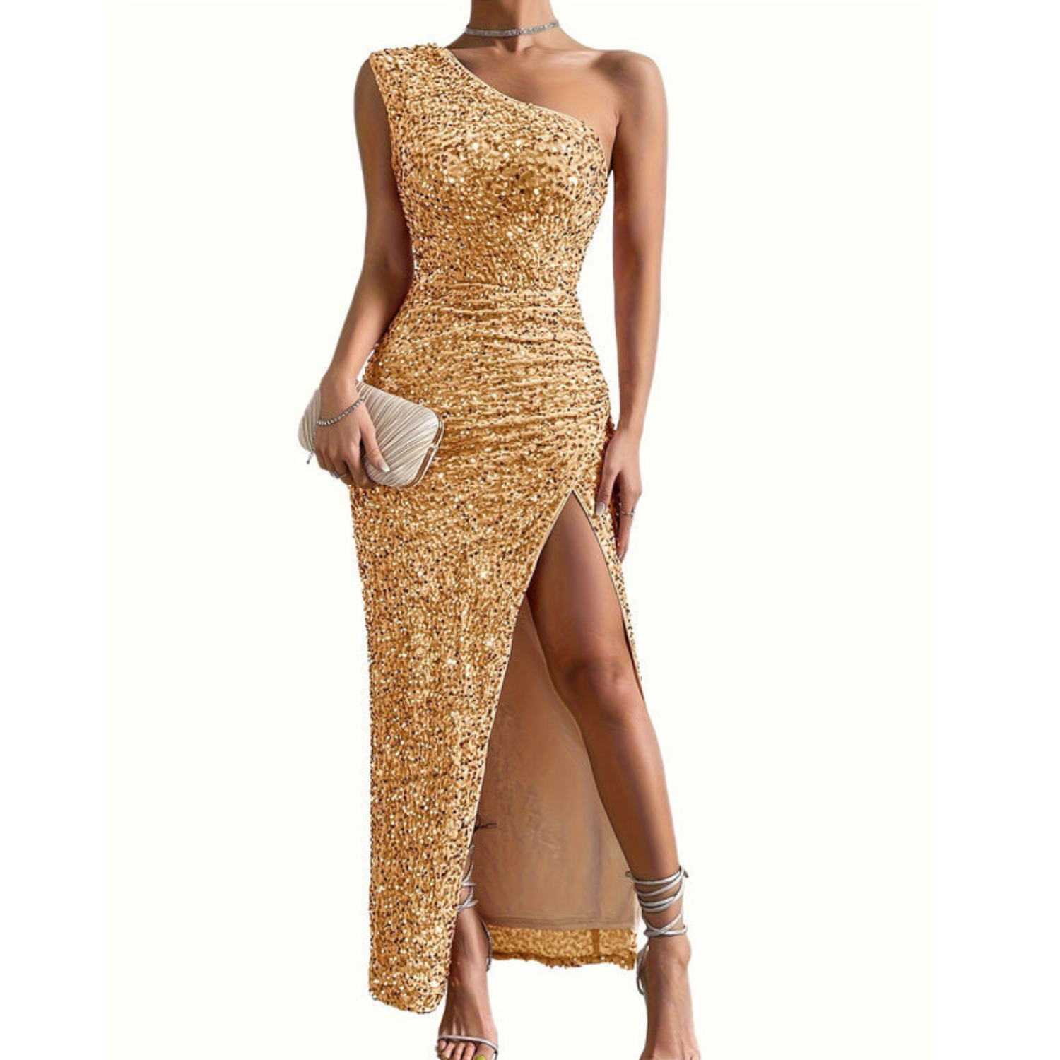 Glänzendes Kleid für Damen, schulterfrei, mit seitlichem Schlitz für formelle Anlässe