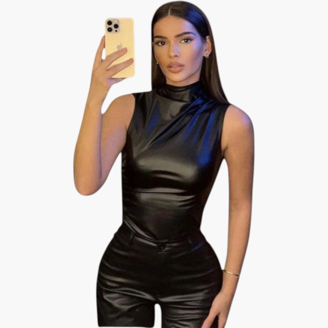 Women's Sleeveless Top with High Neck and Fitted Cut