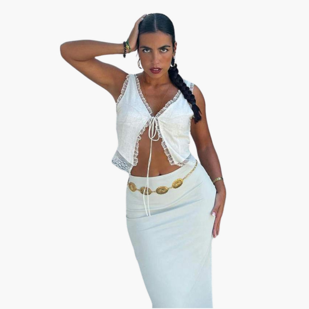 Maglia Donna con Scollo a V e Rifinitura in Pizzo