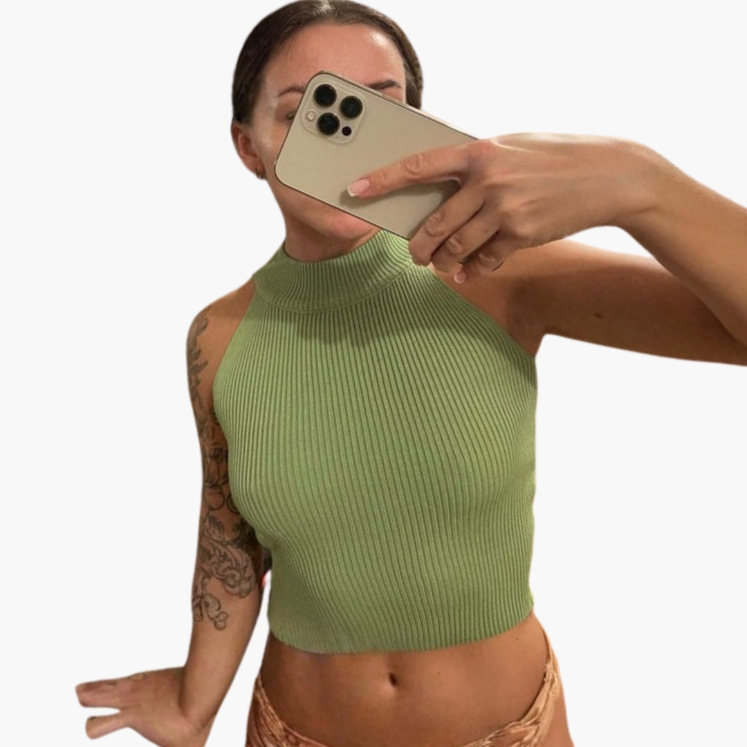 Women's cropped top with high collar and ribbed texture