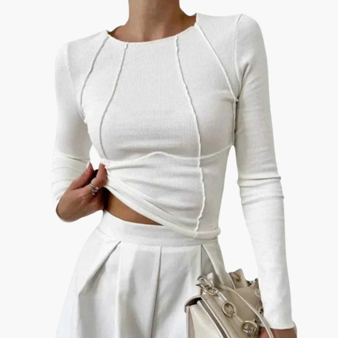 Haut femme ajusté à manches longues avec col rond