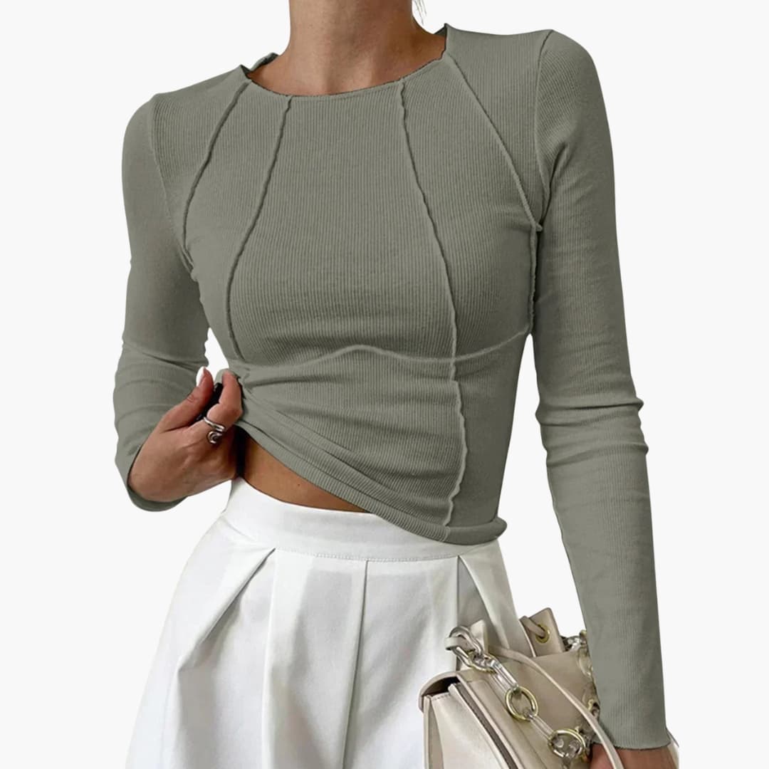 Haut femme ajusté à manches longues avec col rond