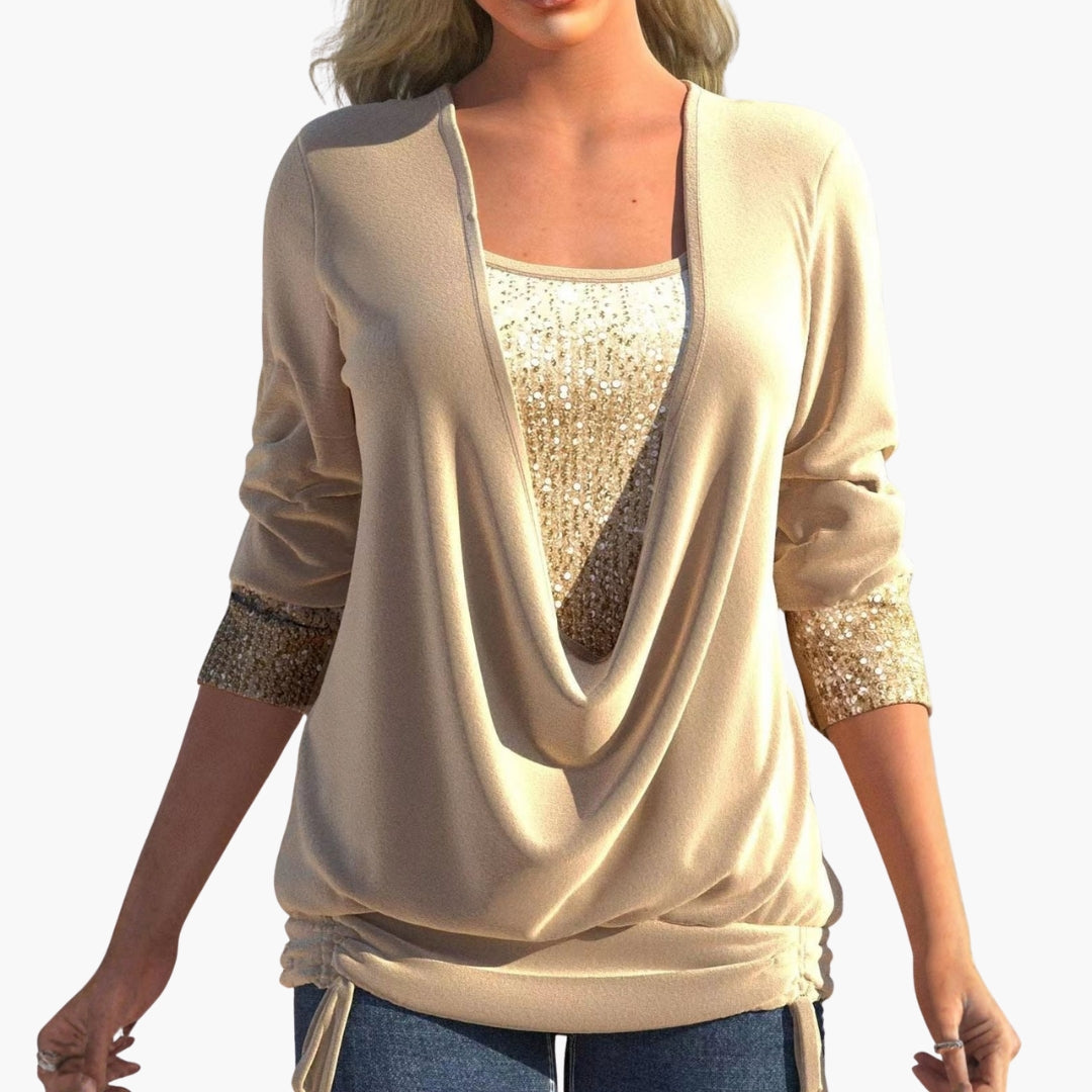 Draped front women's top with sequin panels