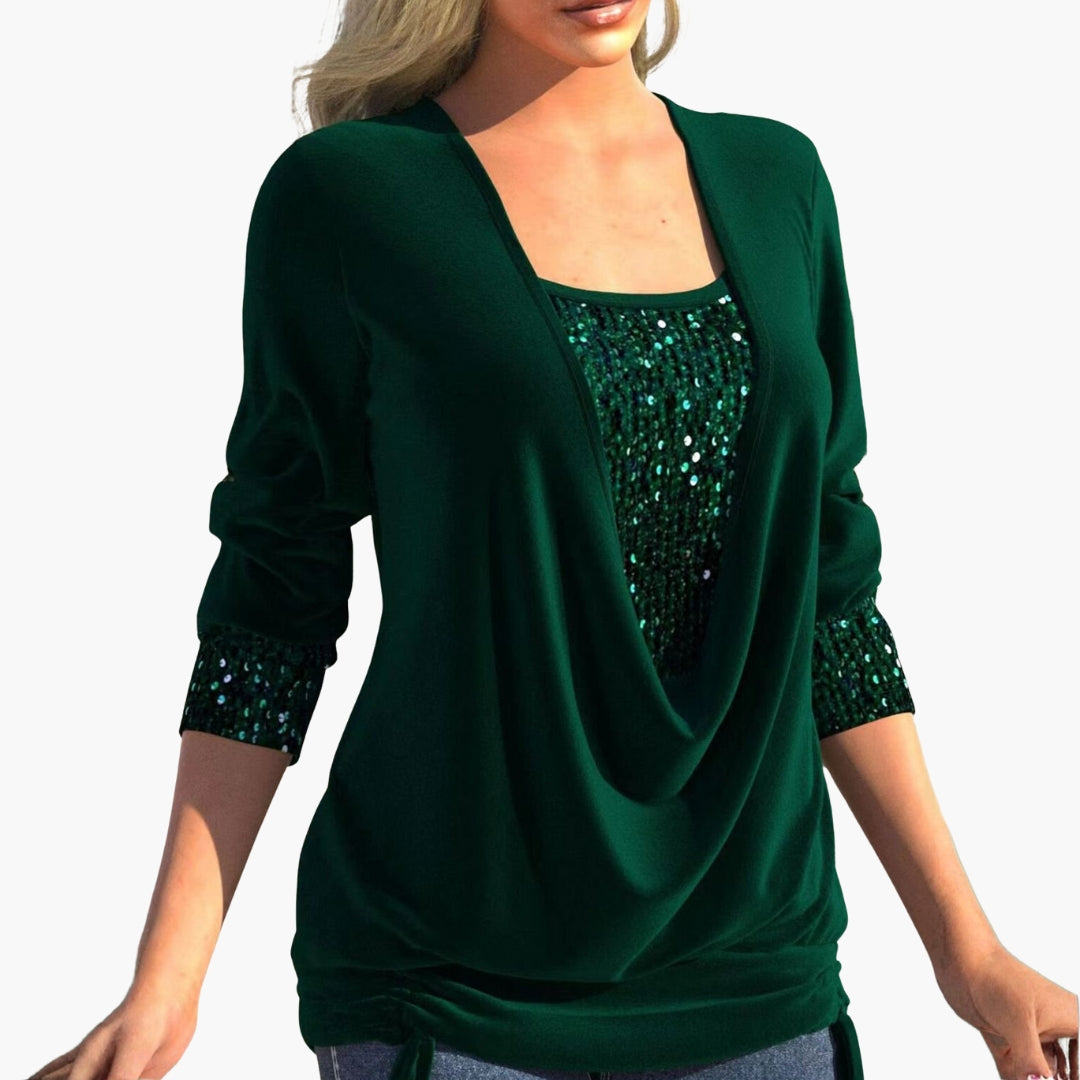 Draped front women's top with sequin panels