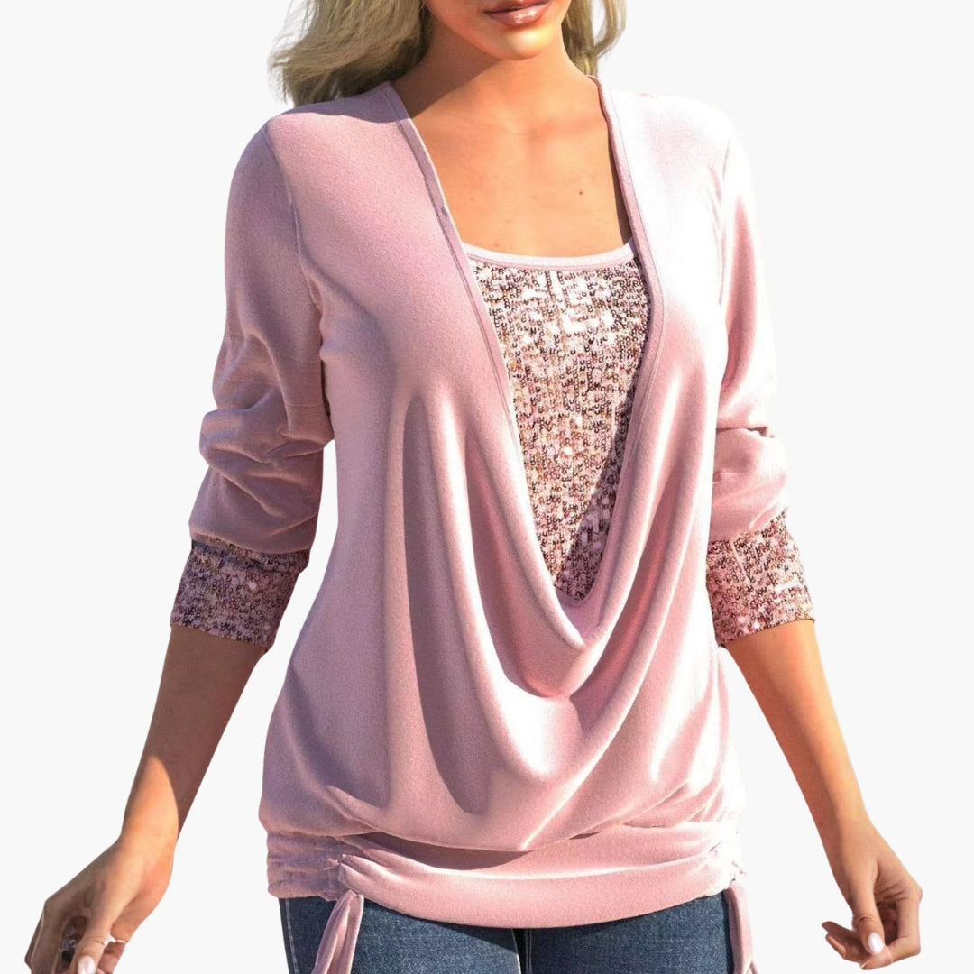 Draped front women's top with sequin panels