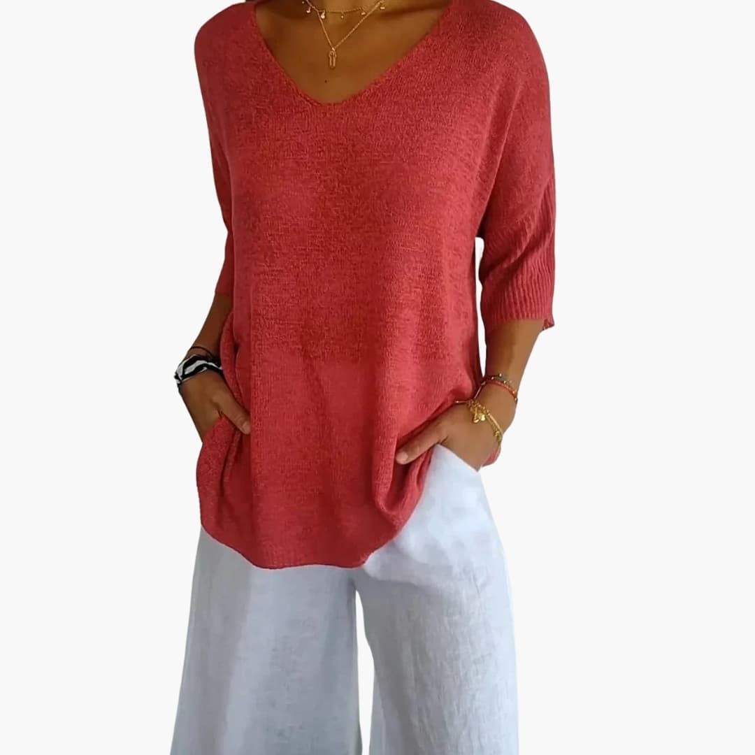 Haut femme en tricot avec encolure en V et coupe décontractée