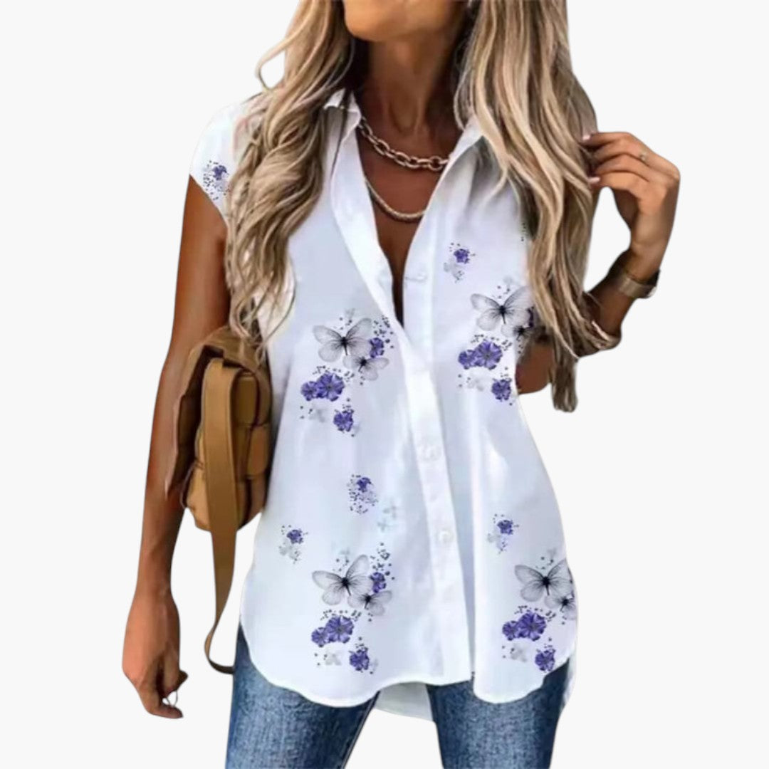 Maglia donna con stampa di farfalle e patta con bottoni