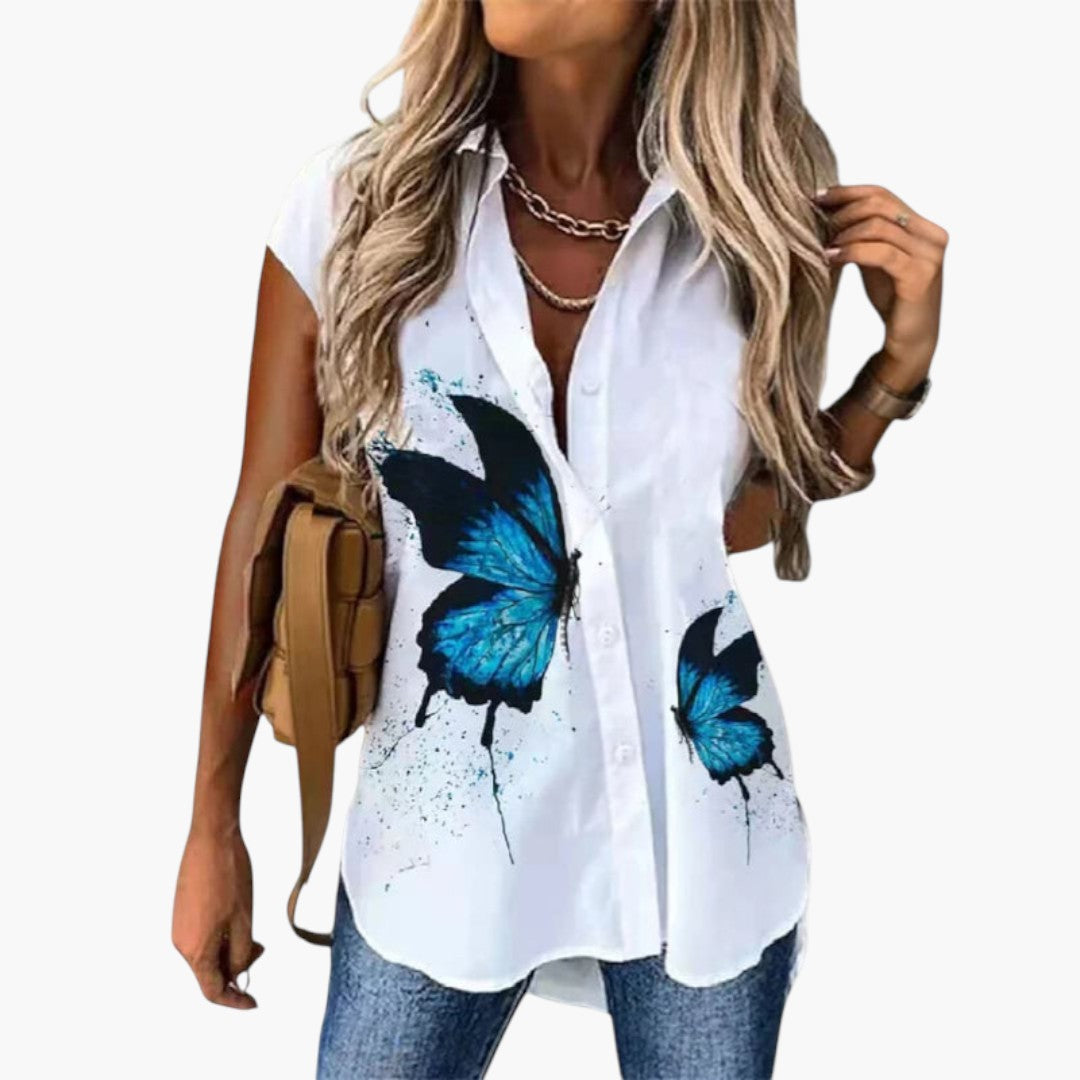 Maglia donna con stampa di farfalle e patta con bottoni