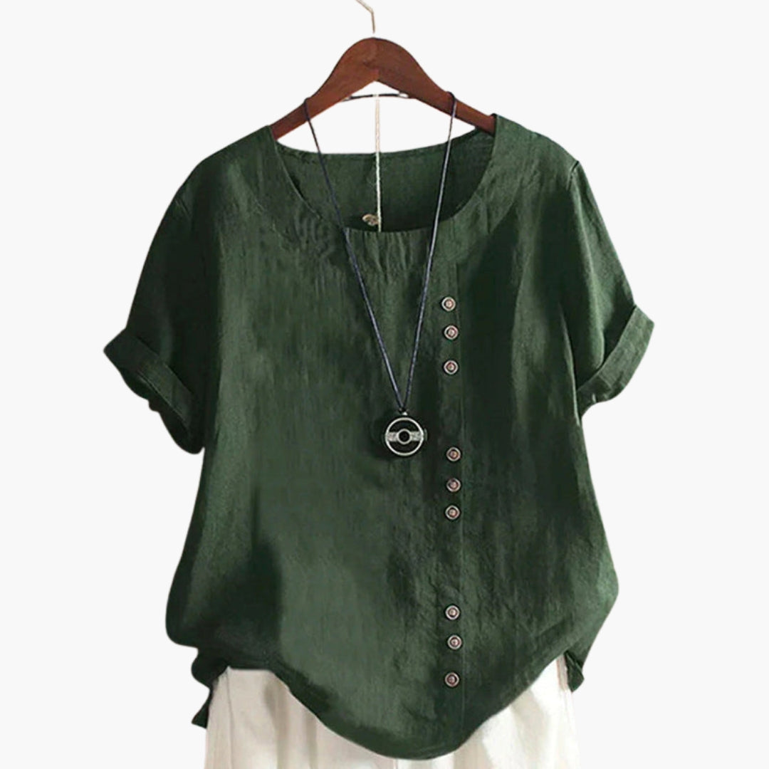 Maglia donna maniche corte collo tondo con bottoni decorativi