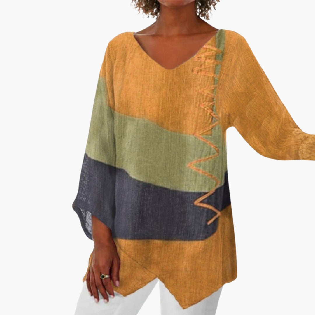 Maglia donna maniche lunghe scollo a V con motivo stampato