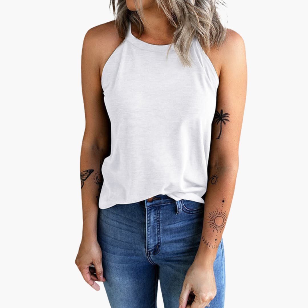 Top donna senza maniche con scollo alto e taglio ampio