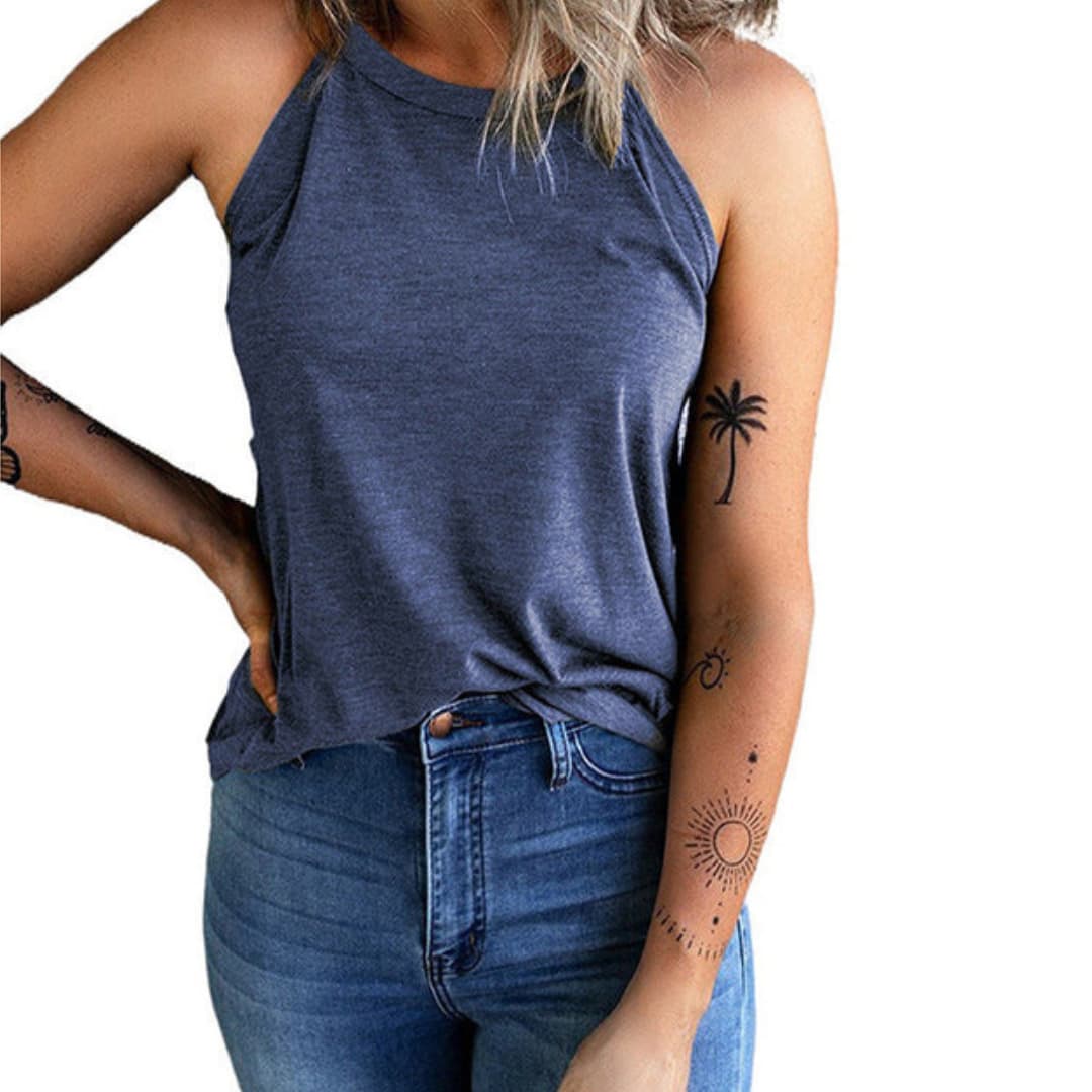 Top donna senza maniche con scollo alto e taglio ampio