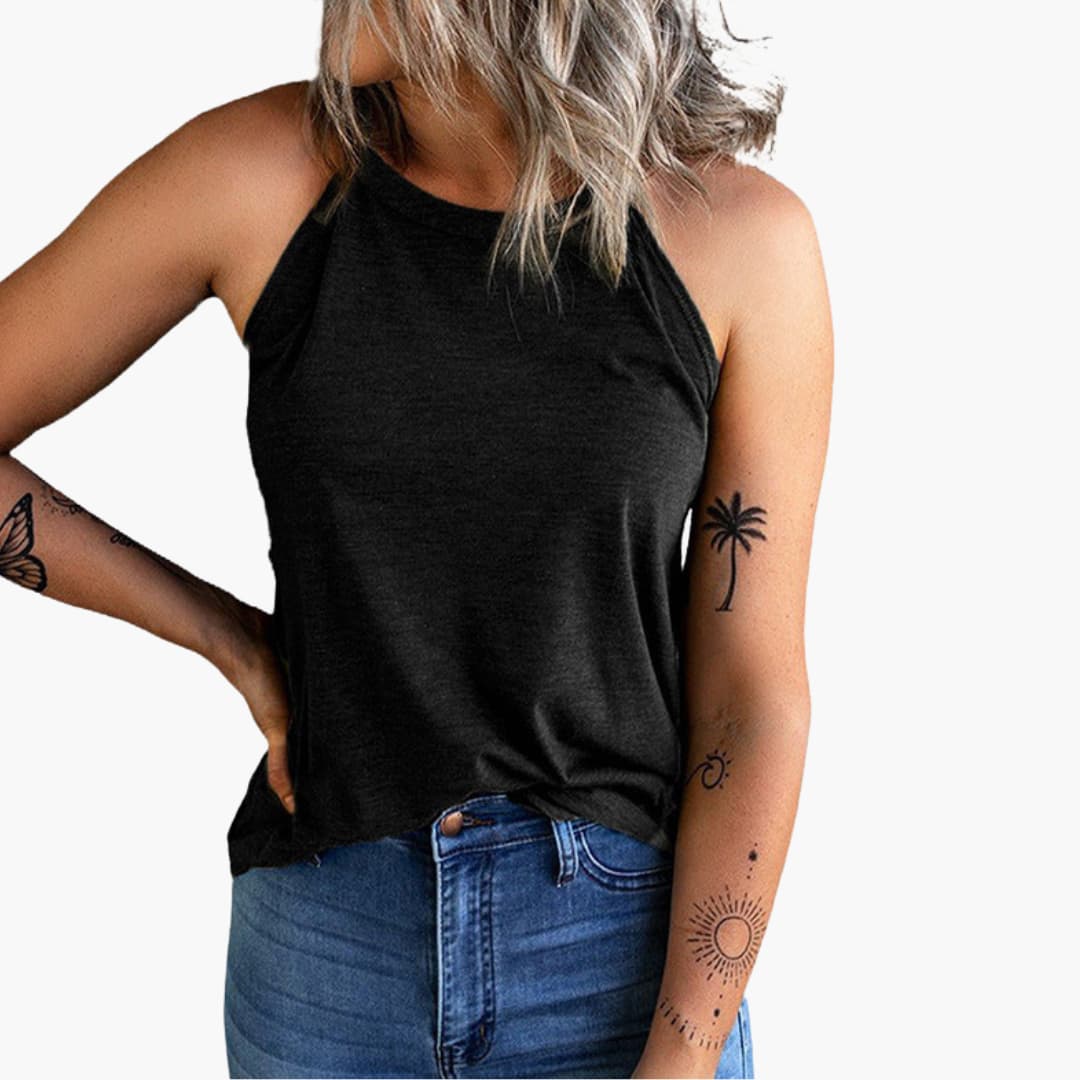 Top donna senza maniche con scollo alto e taglio ampio