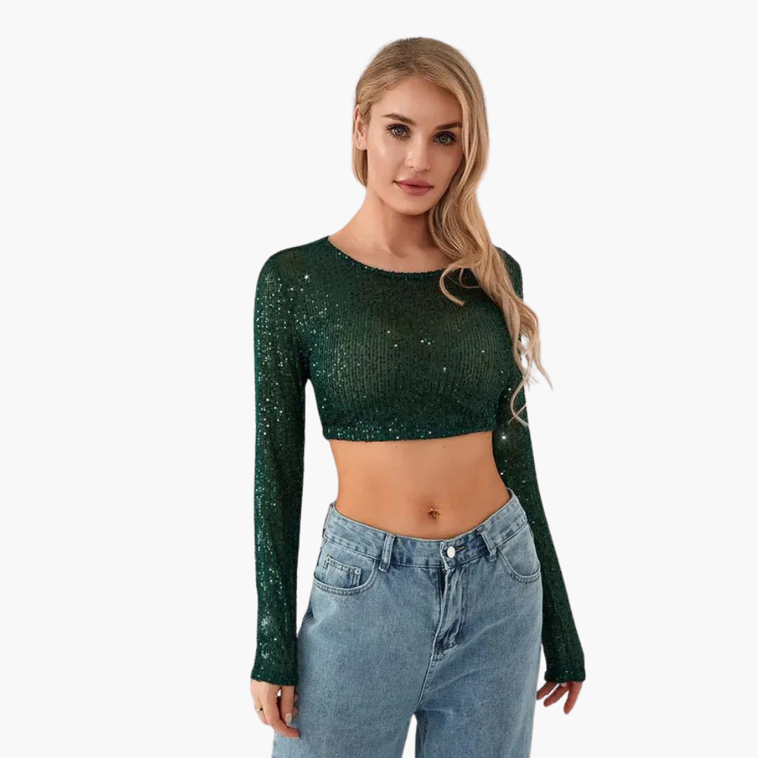 Top per donna a maniche lunghe con scollo rotondo e esterno a paillettes