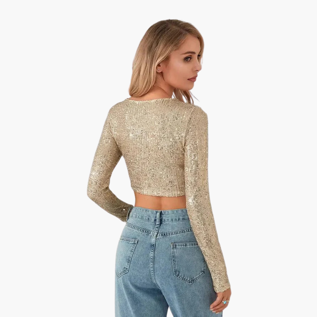 Haut pour femme à manches longues avec encolure ronde et extérieur à sequins