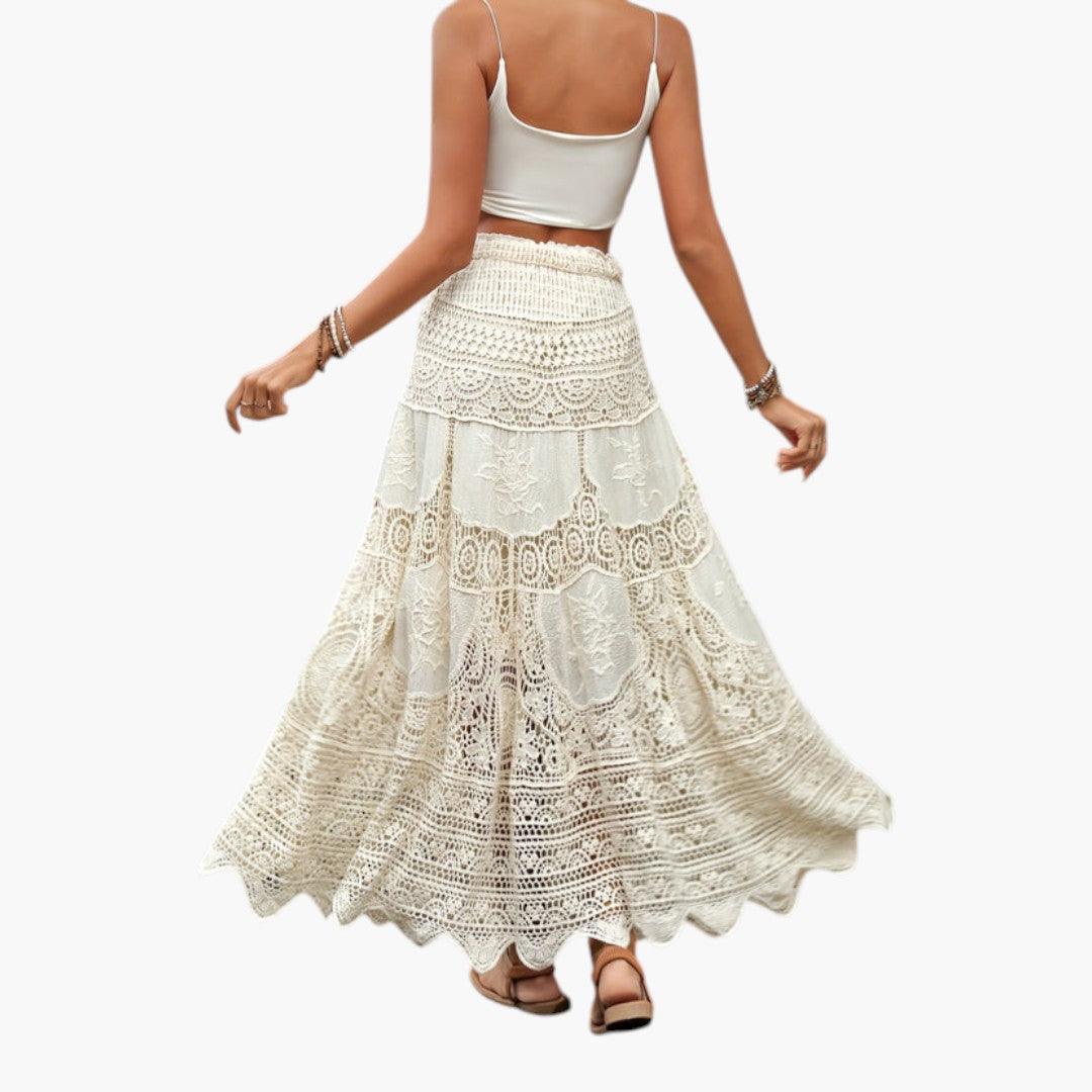 Bohemian Maxi Skirt in Lace for Women with Elastic Waist