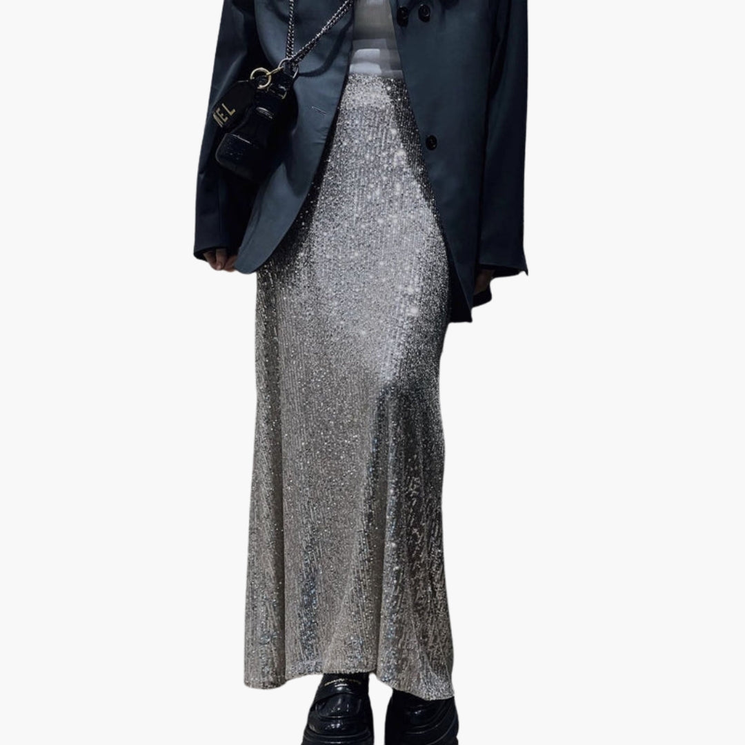 Jupe longue femme taille haute à effet paillettes