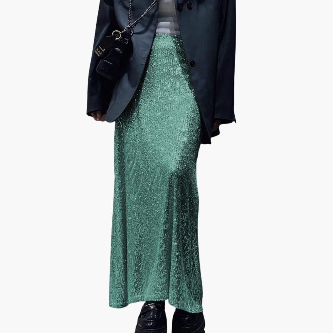 Jupe longue femme taille haute à effet paillettes