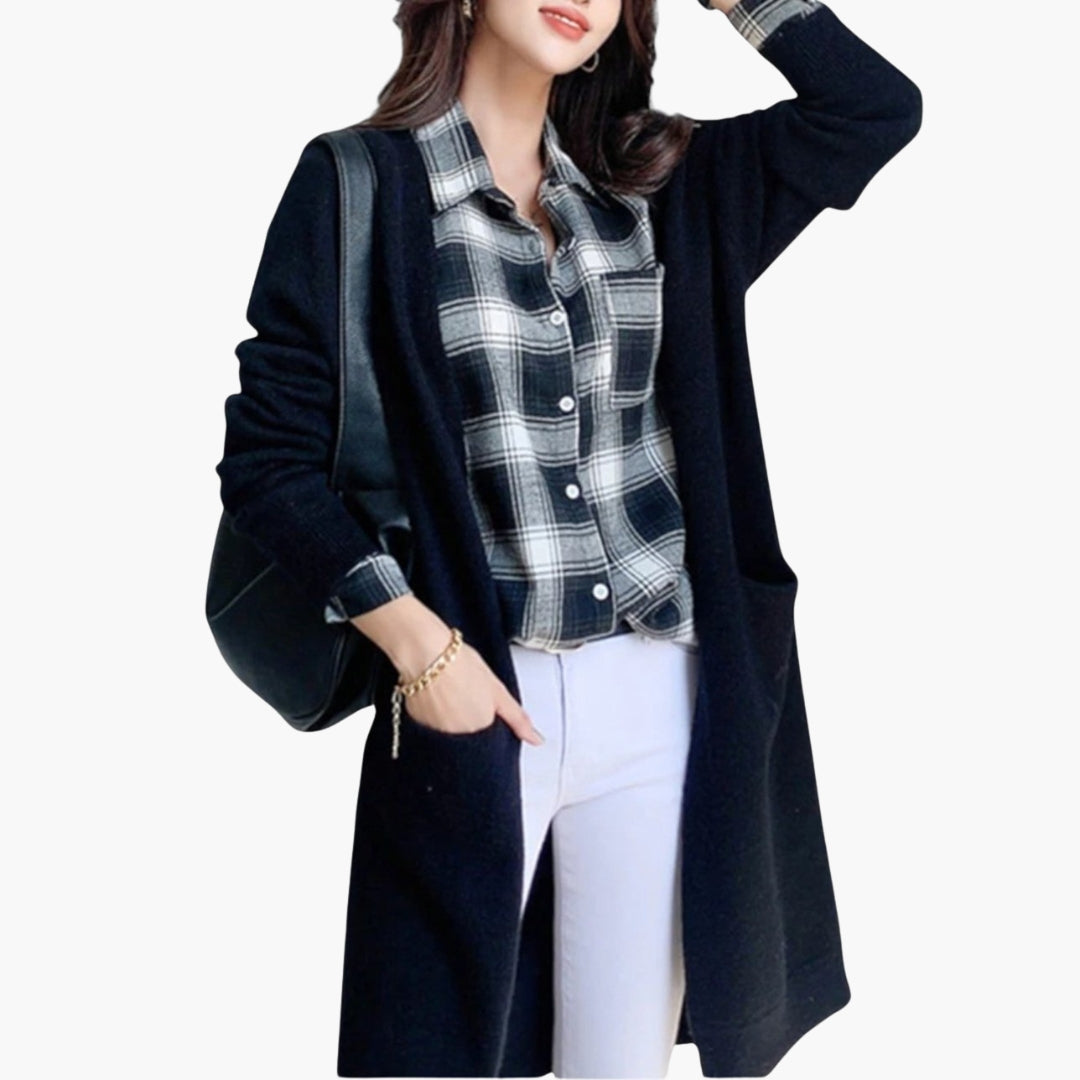 Manteau Cardigan Long Femme Ouvert avec Poches Plaquées