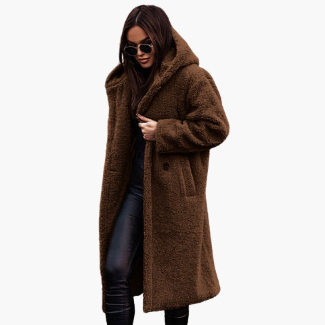 Manteau Long Femme Style Teddy avec Capuche