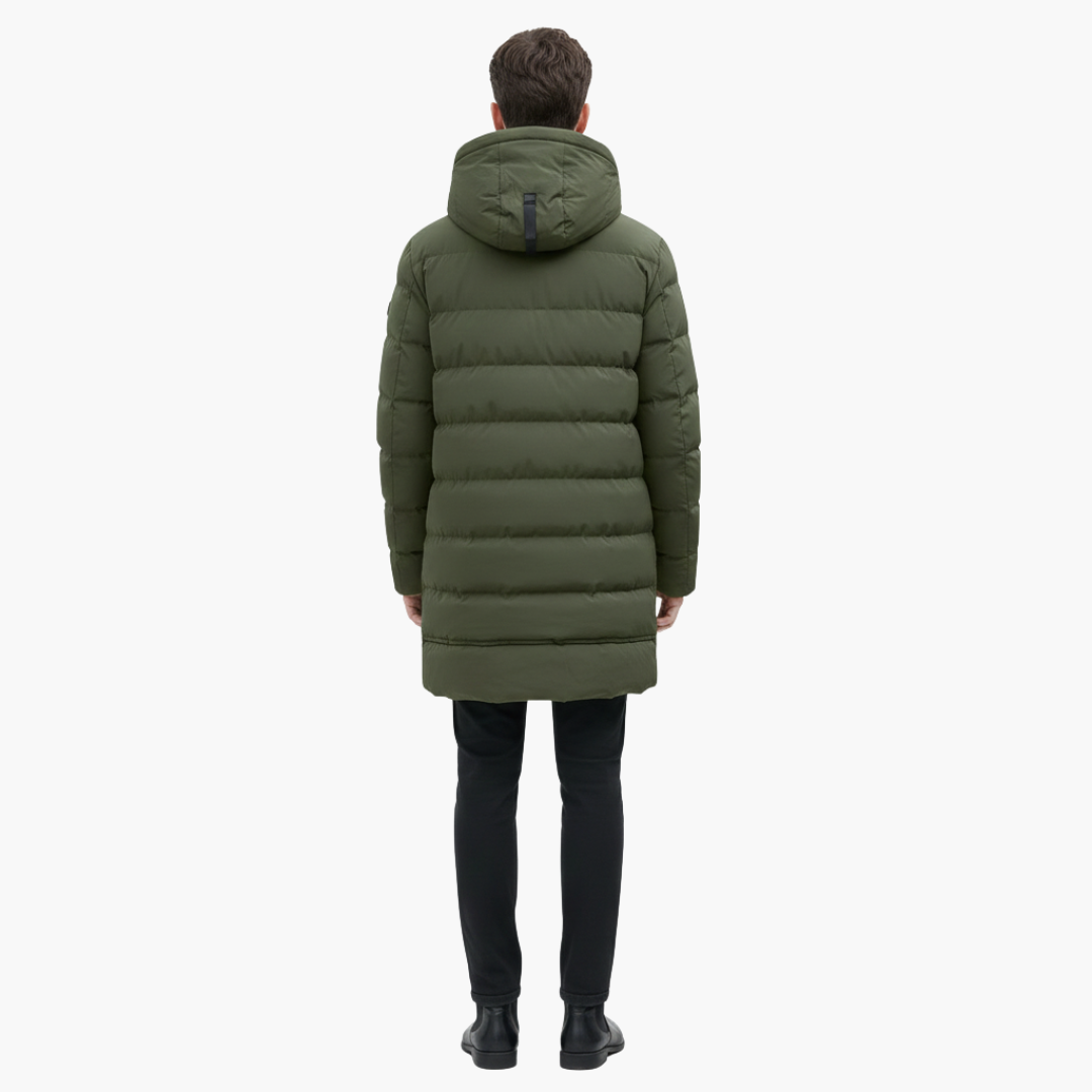 Cappotto lungo trapuntato uomo con cappuccio e chiusura lampo frontale