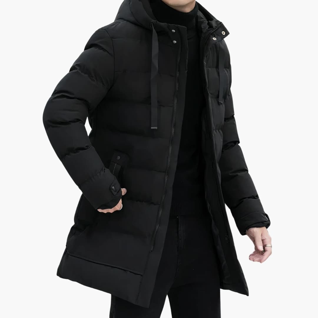 Cappotto lungo trapuntato uomo con cappuccio e chiusura lampo frontale
