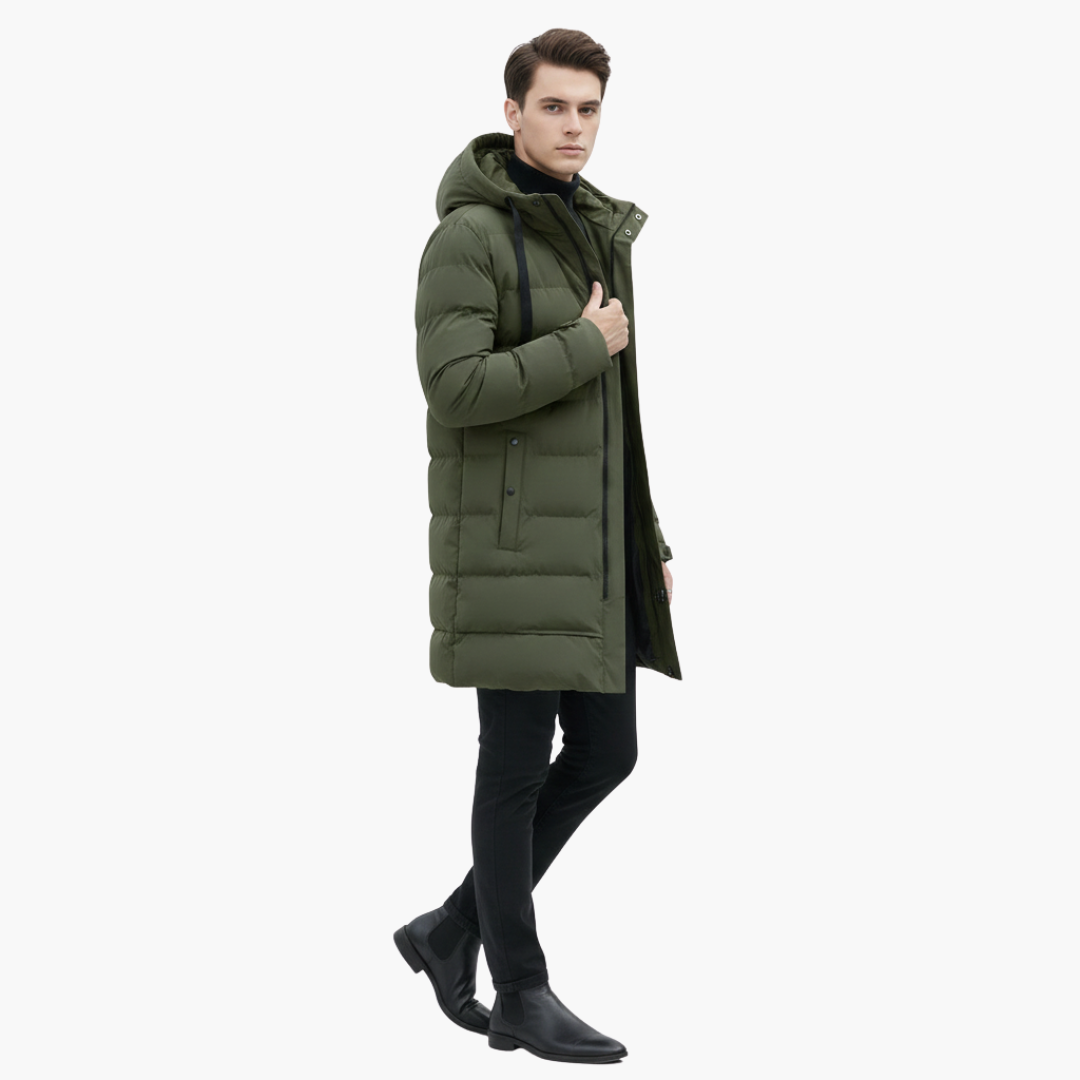 Cappotto lungo trapuntato uomo con cappuccio e chiusura lampo frontale