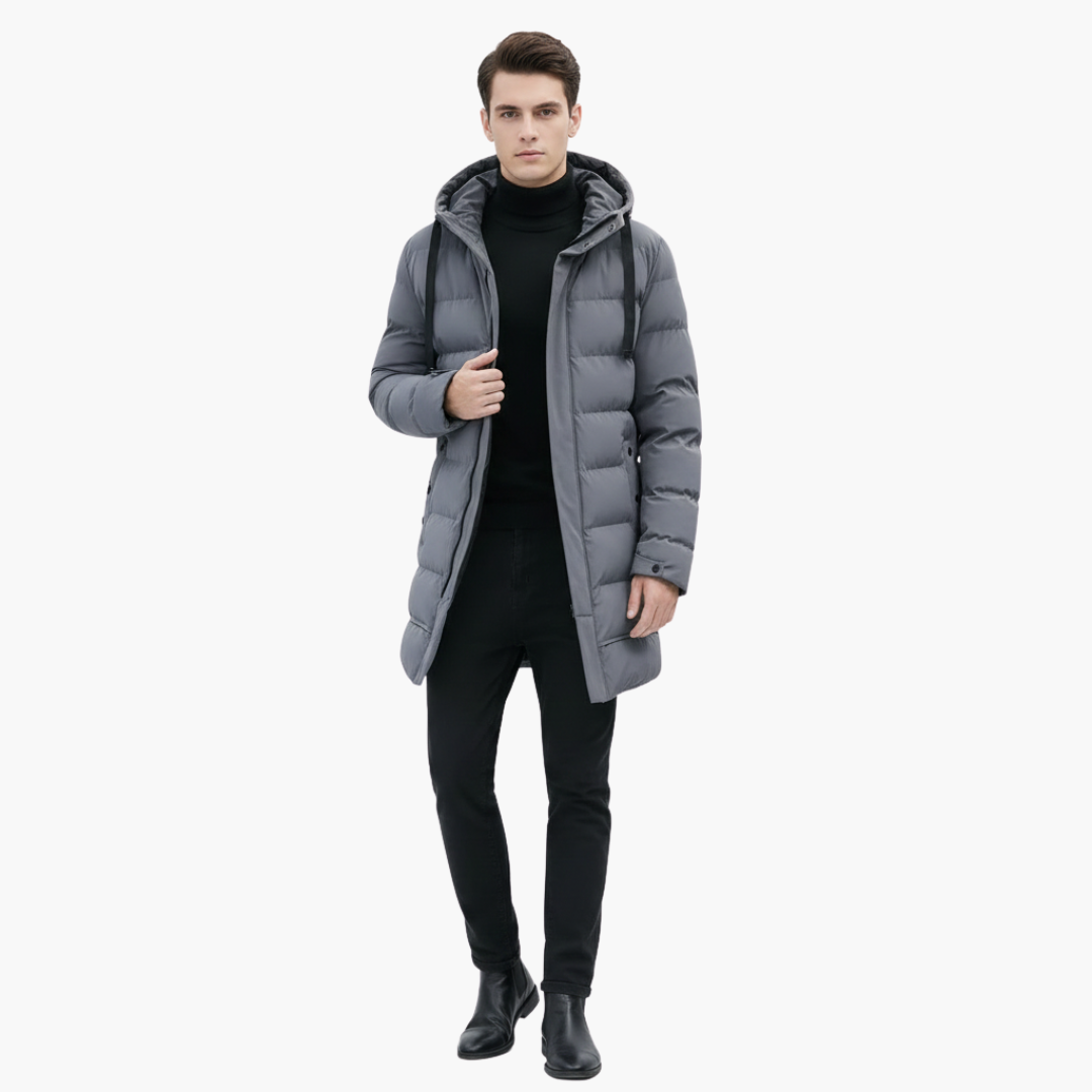 Cappotto lungo trapuntato uomo con cappuccio e chiusura lampo frontale