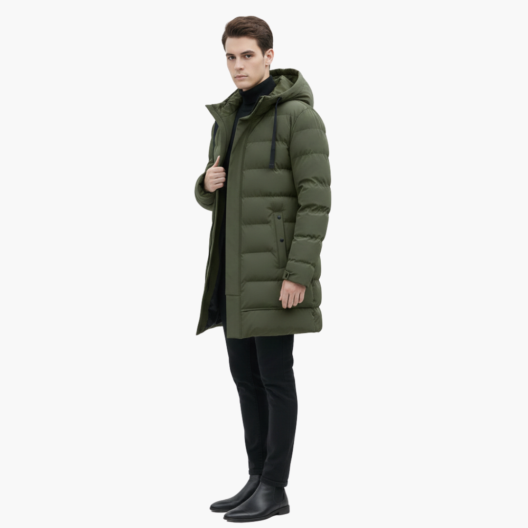 Cappotto lungo trapuntato uomo con cappuccio e chiusura lampo frontale