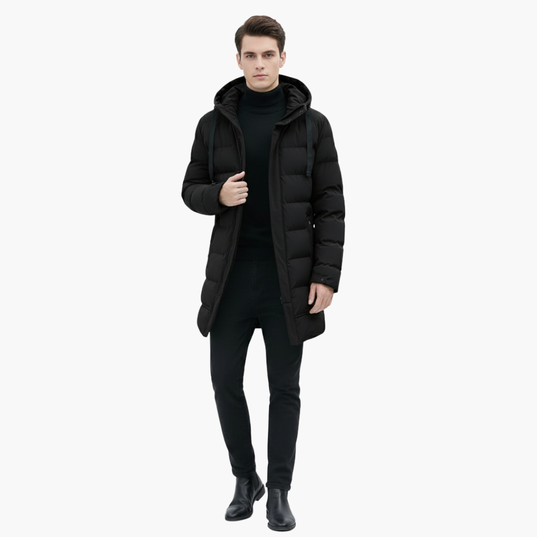 Cappotto lungo trapuntato uomo con cappuccio e chiusura lampo frontale