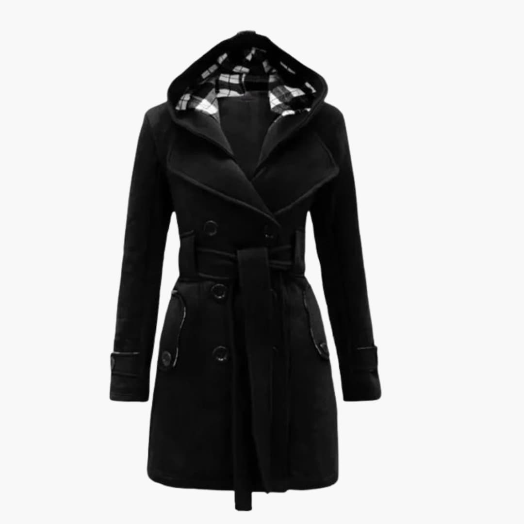 Manteau femme à capuche avec ceinture et fermeture à boutons