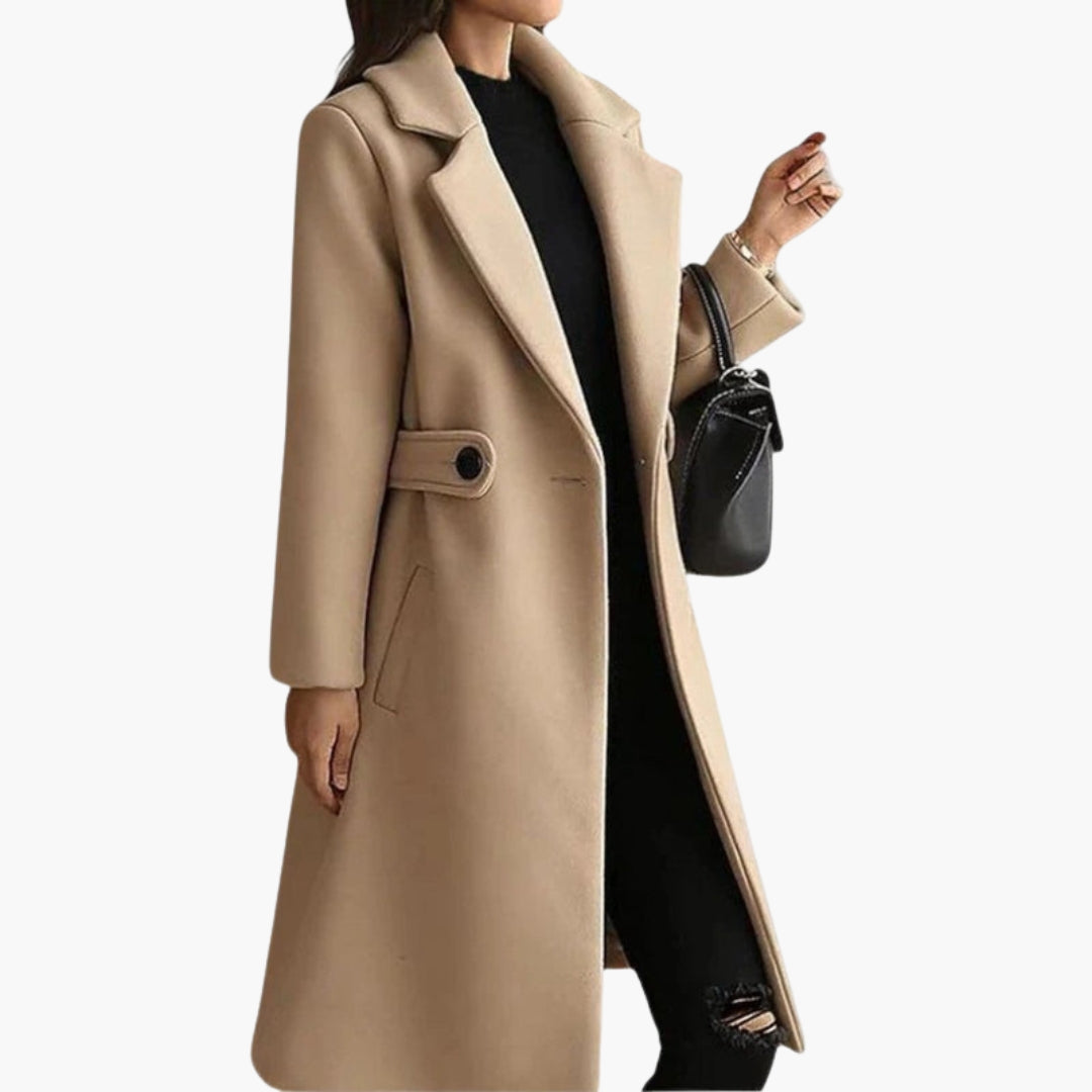 Manteau femme ceinturé avec col à revers et poches latérales