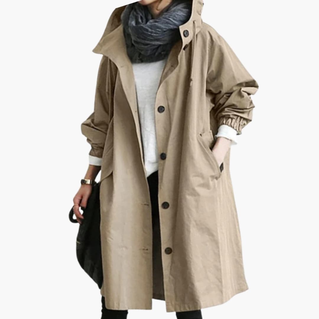 Manteau femme long à capuche avec fermeture boutonnée