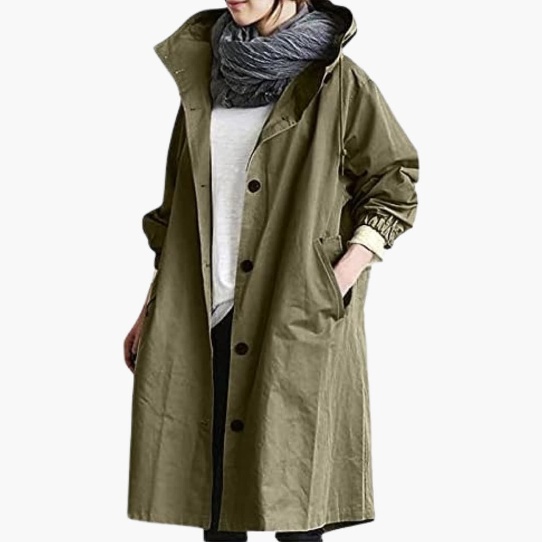Manteau femme long à capuche avec fermeture boutonnée