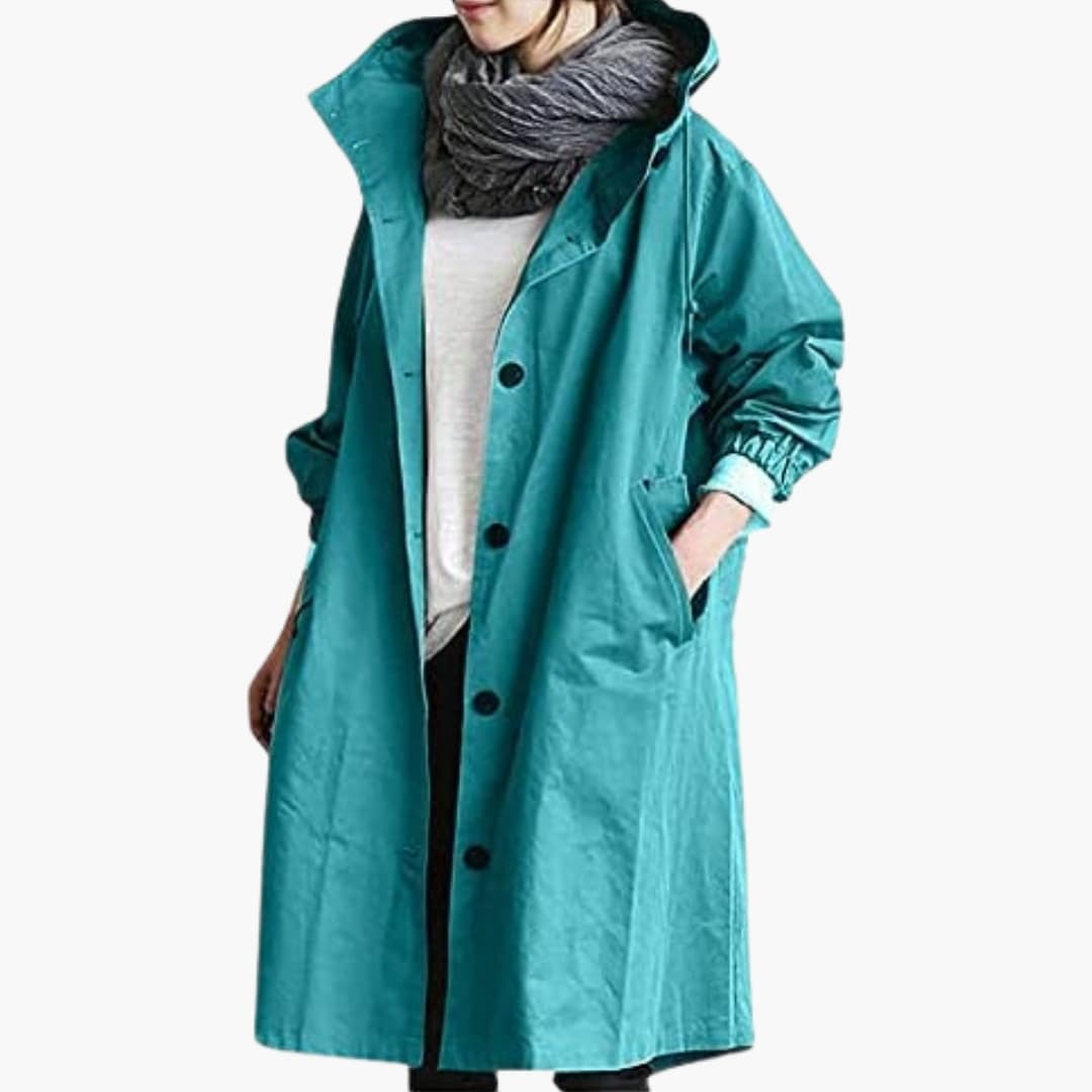 Manteau femme long à capuche avec fermeture boutonnée