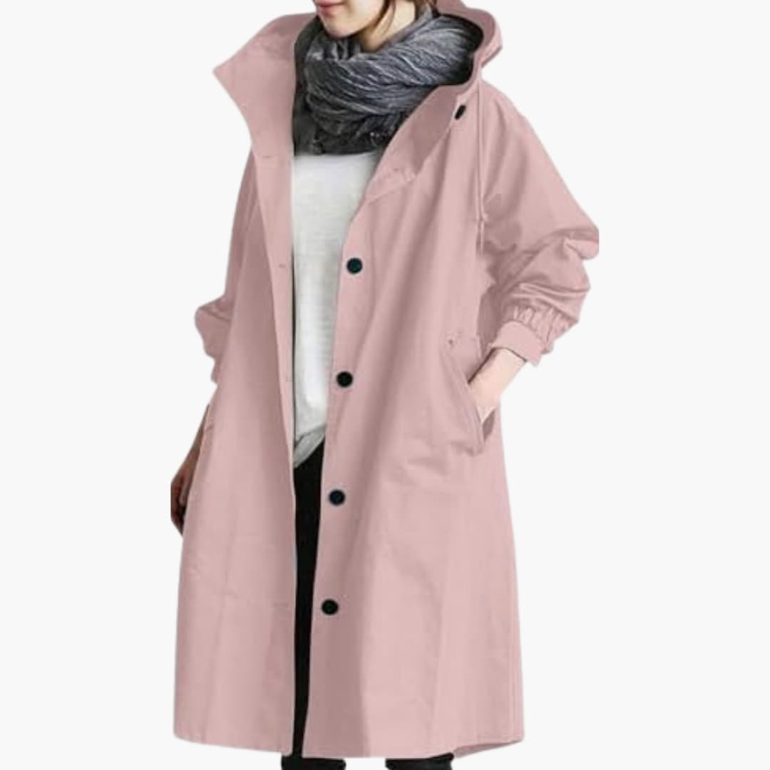 Manteau femme long à capuche avec fermeture boutonnée